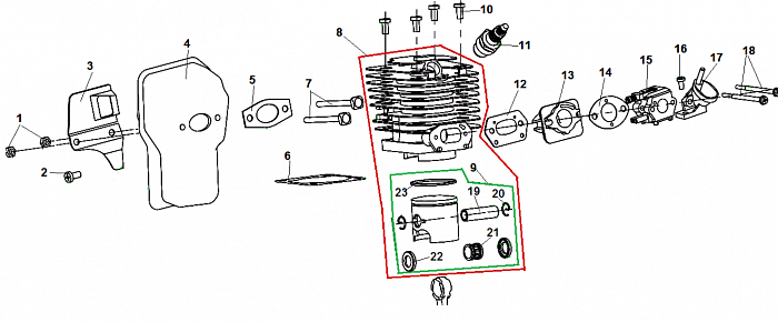 1 ПОРШЕНЬ - ЦИЛИНДР - СВЕЧА - КАРБЮРАТОР БЕНЗОПИЛА CHAMPION 137-16